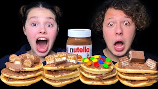 ASMR Nutella Pancakes Twix Snickers MampMs KitKat Eating Sounds Mukbang 먹방 Tati ASMR [upl. by Anirroc]