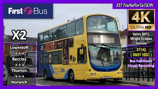 First Eastern Counties X2  Lowestoft Bus Station ➝ Beccles ➝ Norwich Bus Station【4K UW】 [upl. by Estren]