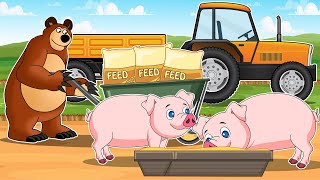 Bear Farmer Transports and Feeds Pigs  Trucks Trailers Cranes  Vehicles Farm Animated [upl. by Newcomer]