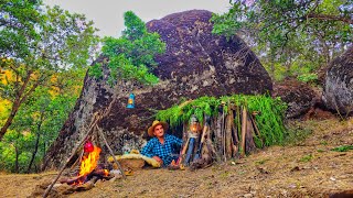 Building а Wooden Shelter Next to the giant stone  Bushcraft SURVIVAL Camping [upl. by Salta]