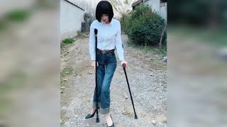 Short Leg Polio Lady Walking🚶‍♀️  A Woman with Stylish Hair on 2 Different Types of Crutches [upl. by Kono]