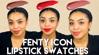 NEW FENTY ICON REFILLABLE LIPSTICK SWATCHES  THE MVP SCHOLAR SISTA MAJOR MAGNATE REVIEW 2022 [upl. by Emyaj]