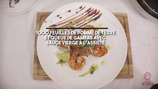 Recette 11000 feuilles de pomme de terre et queue de gambas avec sauce vierge à lassiette [upl. by Alletsyrc]