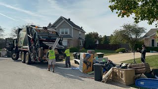 MASSIVE BULK TRASH PILE Crushed by a Fast Groot Rear Loader Garbage Truck [upl. by Deirdre]