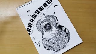 How to draw Mandala art of Guitar and music note  Zentangle art  Doodle art  Easy drawing [upl. by Regni970]