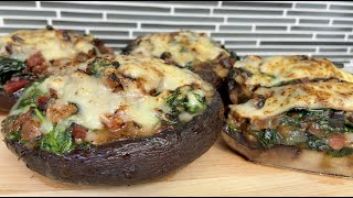 Stuffed Portobello Mushrooms Bacon Onions Spinach and Cheese [upl. by Kela]