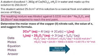 Determination of water of crystallisation using a thiosulfate iodine redox titration [upl. by Lindbom]