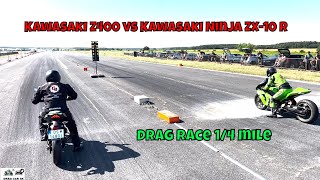 Kawasaki Z400 vs Kawasaki Ninja ZX10 R motorcycle drag race 14 mile🚦🏍  4K UHD [upl. by Nodababus11]