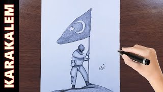 BAYRAK DİKEN ASKER ÇİZİMİ  ASKER NASIL ÇİZİLİR  KARAKALEM RESMİ [upl. by Ruhl785]