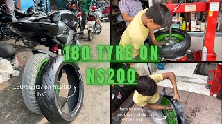 18055 R17 tyre installation in bajaj pulsar ns200  Super bike tyre on sport bike first on youtube [upl. by Anoik]