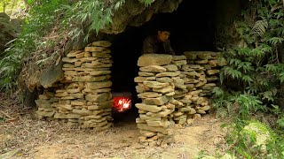 Building Stone Survival Shelter in the Canyons with Fireplace Fish Cooking Bushcraft Camping [upl. by Nevada]