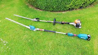 Long Reach HEDGE TRIMMER Comparison Battery VS Gas [upl. by Sordnaxela46]