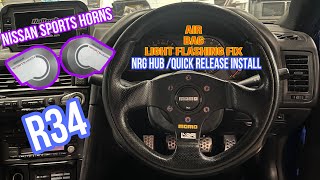 Installing R34 GTT NRG hub  momo steering wheel  Nissan Sports Horns flashing airbag light fix [upl. by Ayle698]