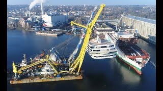 Spektakuläres Aufsetzen der Decksaufbauten auf den Irish Ferries Neubau WBYEATS  FSG Flensburg [upl. by Mueller]