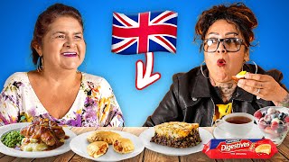 Mexican Moms try British food for the first time Bangers and Mash Scotch Eggs [upl. by Casper]