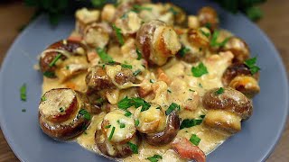 Rezept für leckere gebratene Champignons in einer cremigen Käsesauce mit Knoblauch und Speck [upl. by Tibbetts]