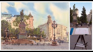 20240727 Pushkinskaya Square Moscow Watercolor plein air painting [upl. by Haile710]