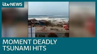 Footage shows panic as Indonesia tsunami approaches  ITV News [upl. by Hobard]