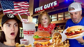 FIVE GUYS Burger amp Fries VIRGINS Brits First Time Experience [upl. by Durnan]