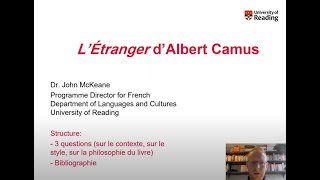 French L’Étranger d’Albert Camus  Dr John McKeane University of Reading [upl. by Ainel]