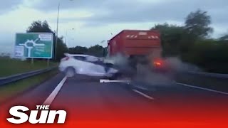 Car ‘EXPLODES’ after hitting lorry during 100mph police chase [upl. by Nryhtak]