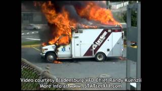 STATter911com Explosion lifts roof off burning ambulance in Mt Rainier MD [upl. by Prudi599]