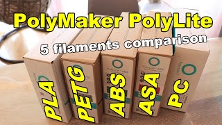 Ultimate comparison Polymaker PolyLite filaments PLA PETG ABS ASA PC [upl. by Anahpets957]