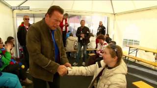 Arnold Schwarzenegger having trouble with firm handshake  Special Olympics 2017 [upl. by Millwater]