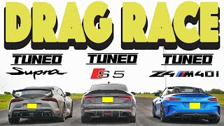 Tuned BMW Z4 m40i vs Tuned Supra 3 0 vs Tuned Audi S5 Drag and Roll Race [upl. by Farrow]