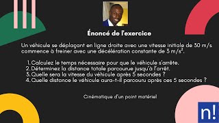 Freinage d’un véhicule  Temps d’arrêt distance parcourue et vitesse  Exercice de cinématique [upl. by Moskow528]