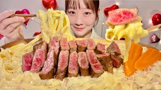 ASMR Carbonara and Wagyu Steak【Mukbang Eating Sounds】【English subtitles】 [upl. by Ewer395]