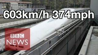 Japan Worlds fastest train 603kmh  BBC News [upl. by Alleusnoc]