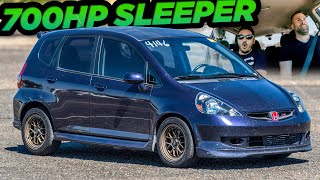 700HP Honda Fit SLEEPER Spins Tires to 140MPH Turbo K24 Swap [upl. by Crifasi190]