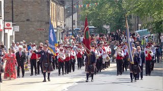 Linlithgow Marches 2023 morning procession along High Street led by Standard bearers and Reed Band [upl. by Elesig]