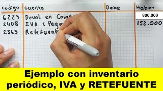 Contabilización Devolución en COMPRA con sistema de Inventarios Periódico con IVA y RETEFUENTE [upl. by Eeralih]