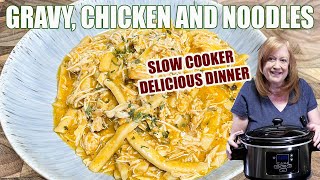 SLOW COOKER GRAVY amp CHICKEN WITH NOODLES Delicious Dinner Idea [upl. by Plerre]