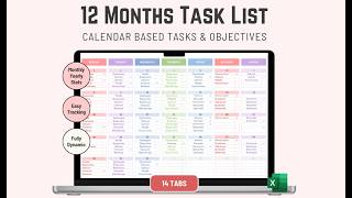 12 months Excel To do list Template Calendar based Tasks and Objectives tracking Quick Demo [upl. by Anwahsat]