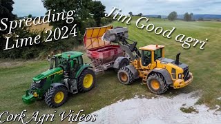 Spreading Lime 2024  Jim Good Agri  John Deere 6215R Volvo LH70 [upl. by Isyad]