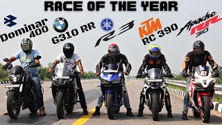 Dominar 400 vs Yamaha R3 vs KTM RC390 vs BMW G310RR vs TVS Apache RR310 RACE OF THE YEAR [upl. by Pulsifer]