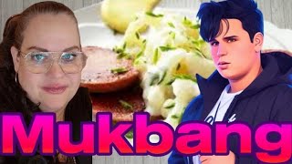 Mukbang  stekt falukorv med potatis pepparotsås och rödkålssallad [upl. by Ahsilrae75]