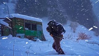 Iron shelter high in the mountains from an abandoned van modern winter solo bushcraft [upl. by Lainahtan]