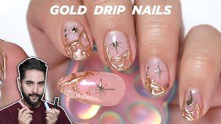 Super Easy Gold 3D Gel Nail Art ✨ Sparkly Stars ✨ and Liquid Gold 🤩 [upl. by Lynea117]