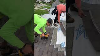 Roofing crew installing Teak Owens Corning shingles roofing owenscorning [upl. by Gladwin971]