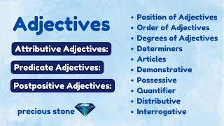 Adjectives Types of AdjectivesOrder of AdjevtivesDegrees of Adjectives Determiners with Types [upl. by Emmeram235]