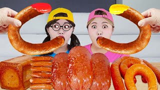 Kielbasa Sausage Challenge amp Spam Vienna Sausage Skewers Giant Sausage Mukbang by HIU 하이유 [upl. by Soo]