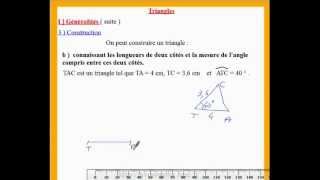 5eme cours de maths et exos sur la construction dun triangle à partir de 2 côtés et dun angle [upl. by Attenyt257]