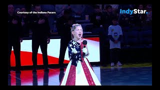 8yearold girl Kinsley Murray sings National Anthem at Indiana Pacers game in viral sensation [upl. by Nollie357]