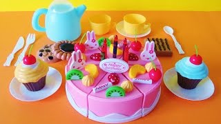 Toy birthday fruit cake cupcakes cookies tea party playset velcro cutting food [upl. by Hurlbut]