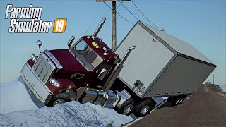 SEMI SLID ON ICE INTO SNOWBANK  COUNTY LINE SEASONS FS19 ROLEPLAY [upl. by Annie620]