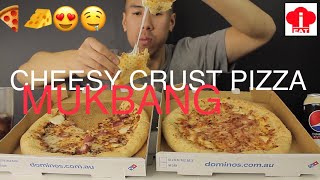 MUKBANG 2 LARGE CHEESY CRUST DOMINOS PIZZABBQ ITALIAN SAUSAGEHAM AND CHEESE [upl. by Sitelc]